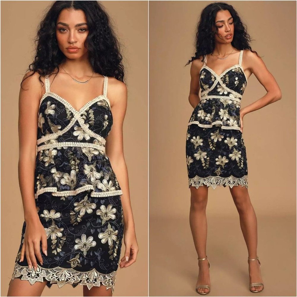 Lulus Dress Karina Blue Black Floral Embroidered Mesh Lace Peplum